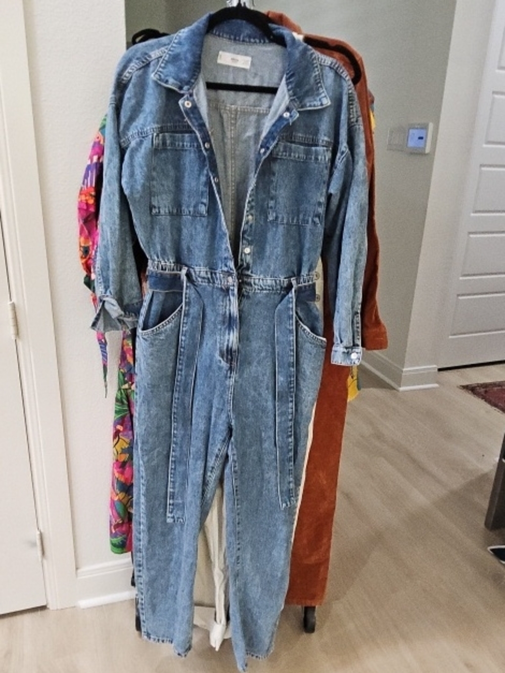 Mango Light Blue Denim Overalls Jumpsuit with Drawstring Waist